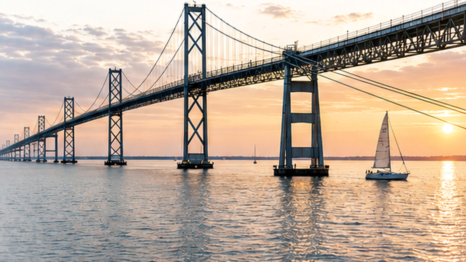 Original editorial rendering of a Chesapeake Bay bridge at sunset