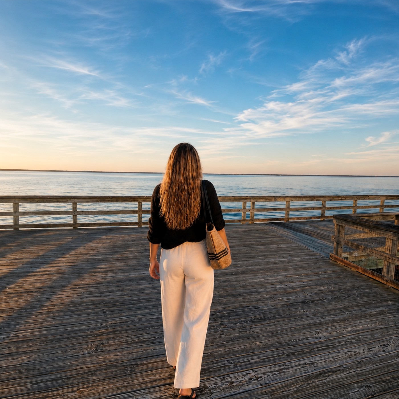 Charlotte Livingstone walking along a waterfront pier at sunset
